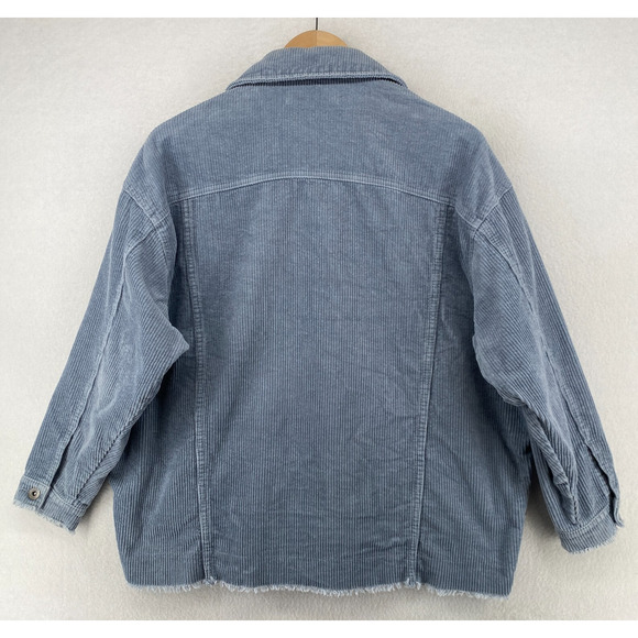 ZARA Jacket Womens S Wide Wale Corduroy Trucker Oversized Fringed Button Up Blue - Picture 3 of 13